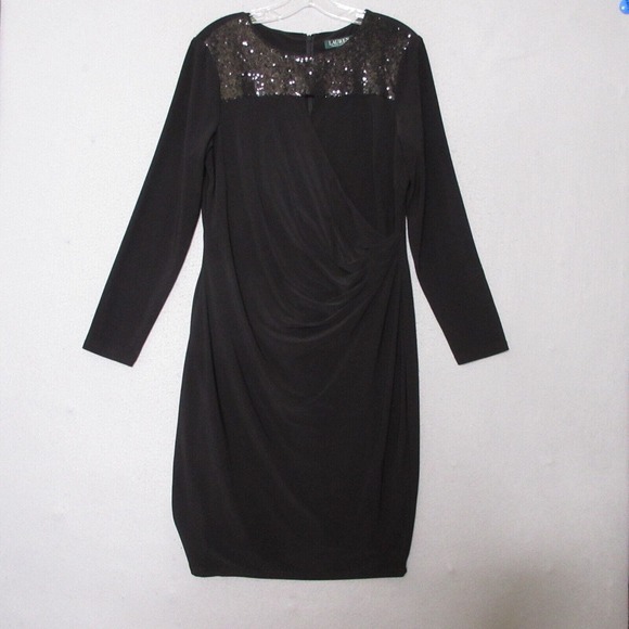 Lauren Ralph Lauren Dresses & Skirts - Lauren Ralph Lauren Black Sequin Faux Wrap Ruche Long‎ Sleeve Dress